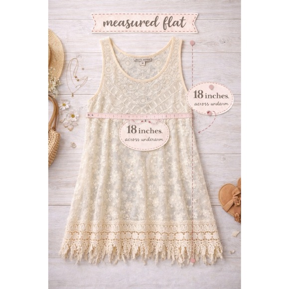 Haute Monde Boho Lace Tank Top Cream Crochet Fringe Hem Sheer Floral Size M
Dres - Picture 6 of 11